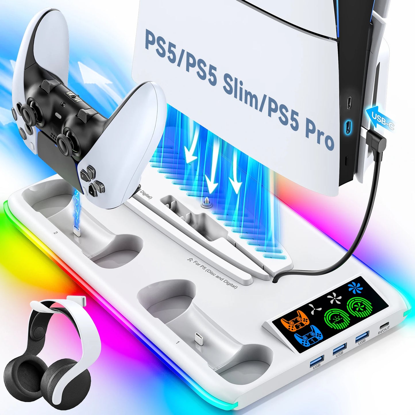 PS5/PS5 Slim/PS5 Pro Stand with Headphone Hook – Cooling & Charging Station with 3-Level Cooling Fan & Dual Controller Charger