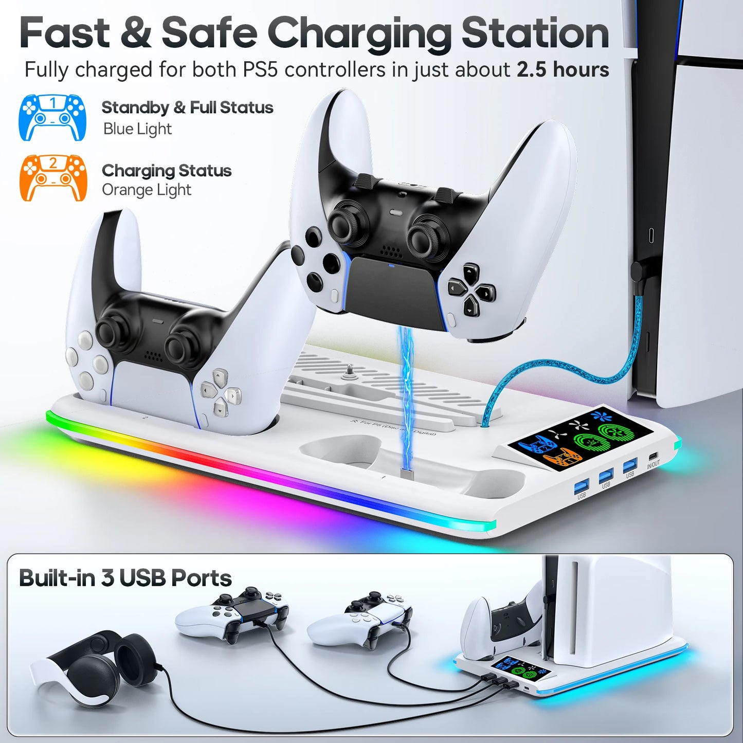 PS5/PS5 Slim/PS5 Pro Stand with Headphone Hook – Cooling & Charging Station with 3-Level Cooling Fan & Dual Controller Charger