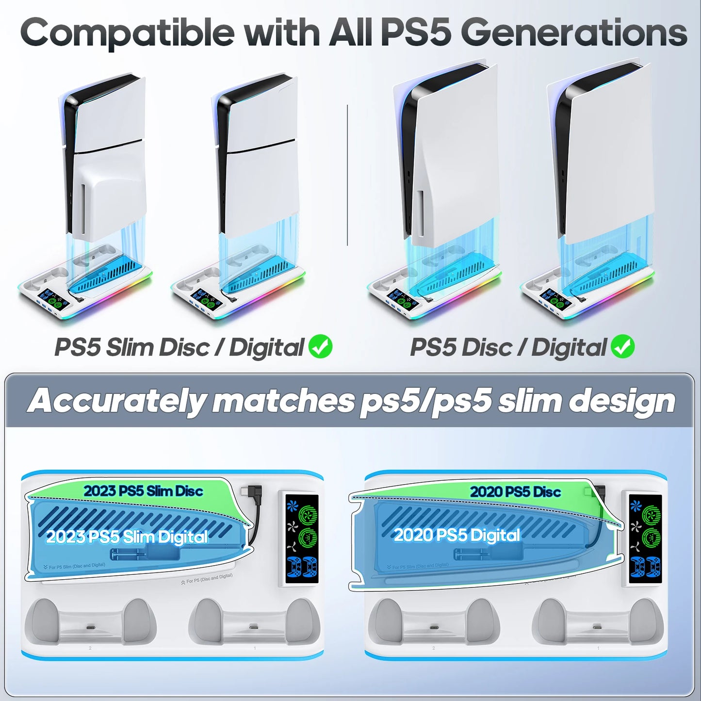 PS5/PS5 Slim/PS5 Pro Stand with Headphone Hook – Cooling & Charging Station with 3-Level Cooling Fan & Dual Controller Charger