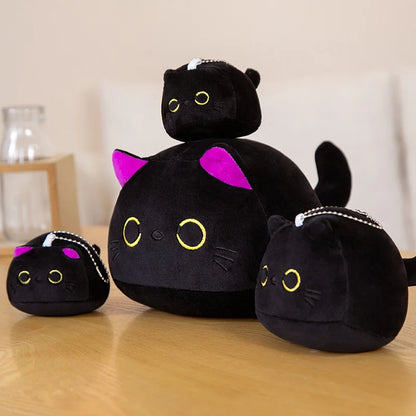 7/11/20CM Kawaii Small Cuddly Black Cat Plush Doll Cartoon Stuffed Round Ball Cat Plushie Girl's Bag Keychain Pendant Toys