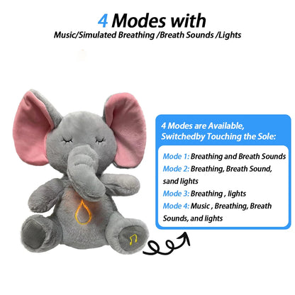 4 Modes Baby Breathing Soothing Elephant Plush Doll Toy Sleeping Companion Music and Light Doll Sensory Stuffed Toy Kids Gift