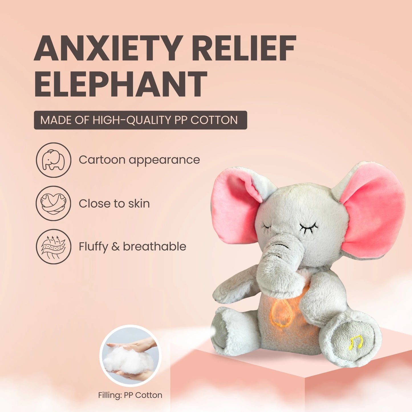 4 Modes Baby Breathing Soothing Elephant Plush Doll Toy Sleeping Companion Music and Light Doll Sensory Stuffed Toy Kids Gift