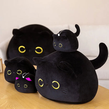 7/11/20CM Kawaii Small Cuddly Black Cat Plush Doll Cartoon Stuffed Round Ball Cat Plushie Girl's Bag Keychain Pendant Toys